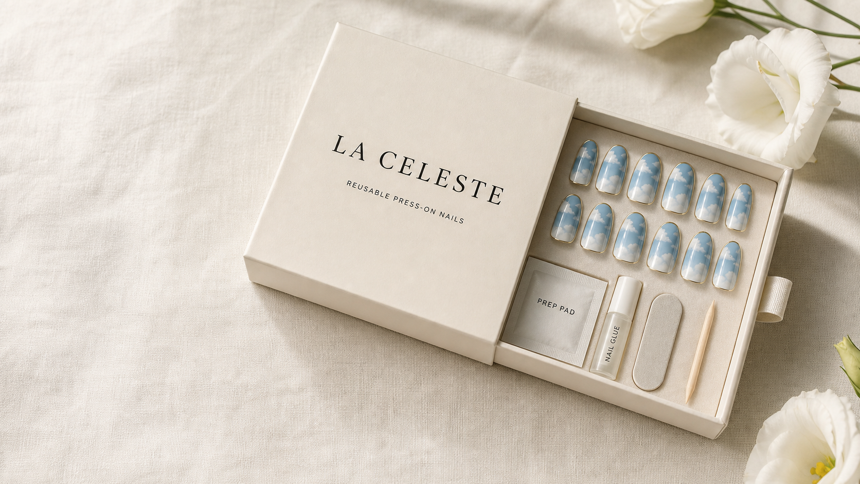 La Celeste cloud ombre press-on nail set in the printed drawer box